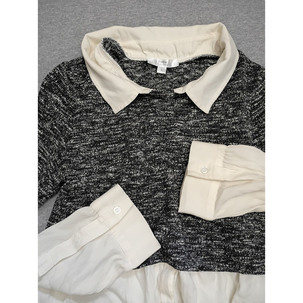 Drew Mixed Media Layered Look Top Black White Knit Shirt Collar Large Academia